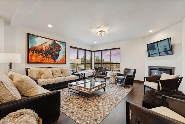 living area featuring a glass covered fireplace, recessed lighting, and wood finished floors