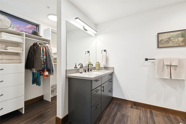 bathroom with baseboards, a spacious closet, wood finished floors, and vanity