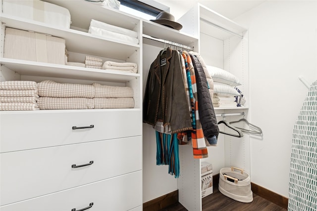 walk in closet with dark wood-type flooring