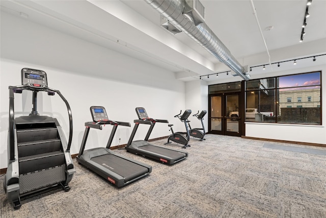 workout area featuring carpet, rail lighting, french doors, and baseboards