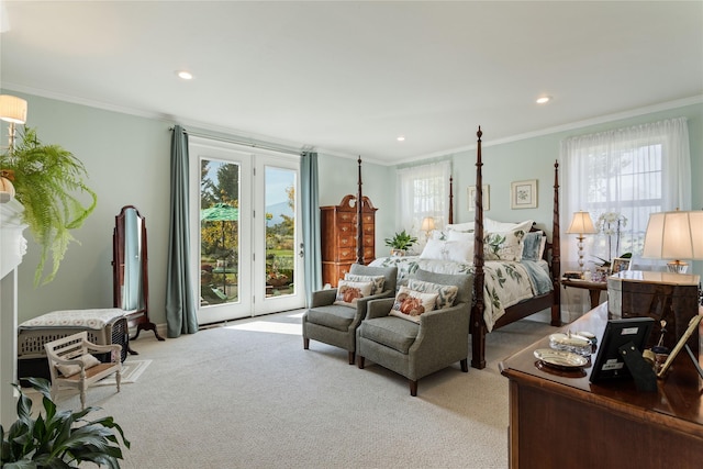 bedroom with recessed lighting, carpet, access to exterior, and crown molding