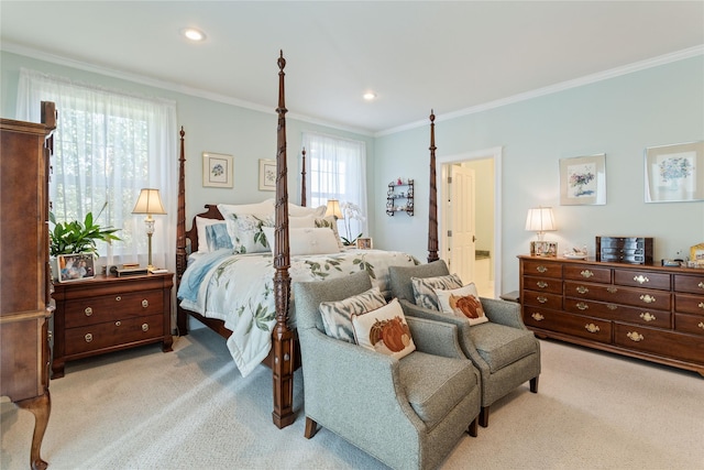 bedroom featuring recessed lighting, carpet, and crown molding