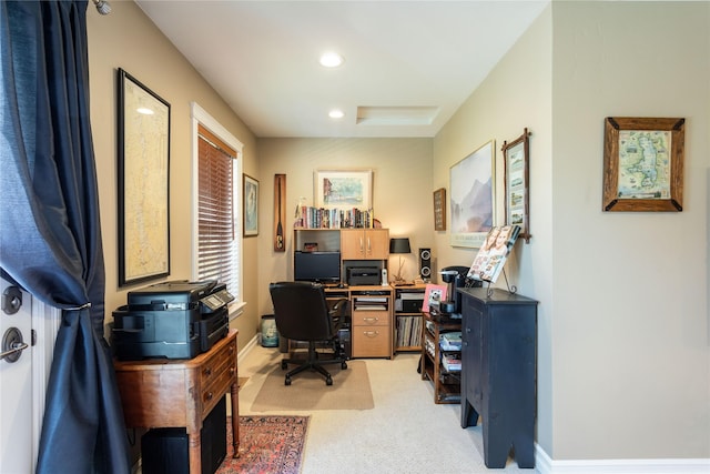 office with recessed lighting, baseboards, and light carpet