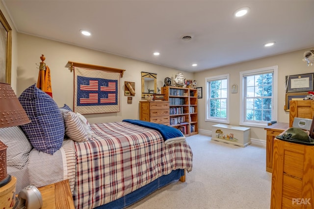 carpeted bedroom featuring visible vents, recessed lighting, and baseboards