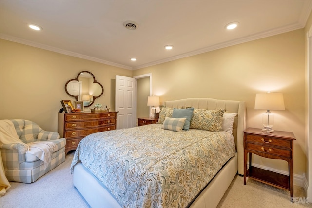 bedroom with light carpet, visible vents, and ornamental molding