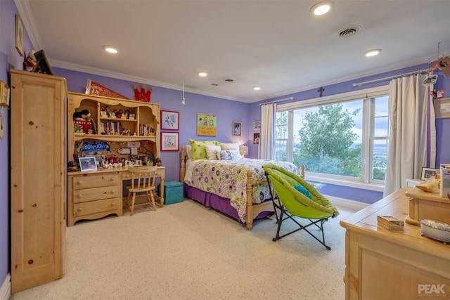 carpeted bedroom with visible vents, recessed lighting, and ornamental molding