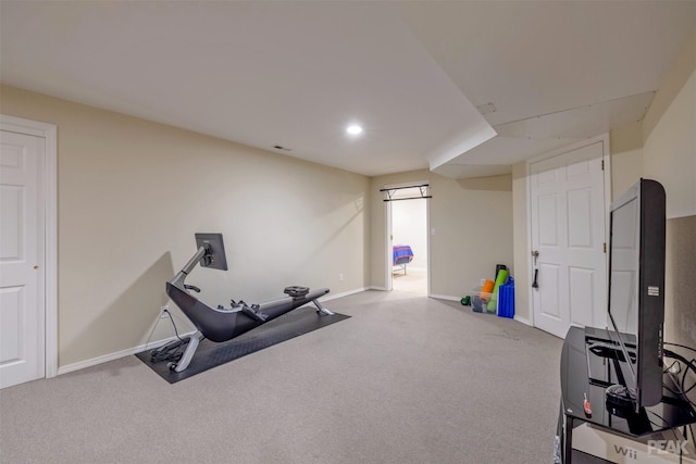 exercise area with recessed lighting, baseboards, and carpet floors