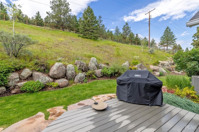 wooden deck featuring grilling area and fence