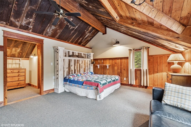 bedroom featuring wooden ceiling, carpet flooring, wood walls, and vaulted ceiling with beams