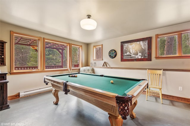 rec room featuring baseboard heating, pool table, concrete flooring, and baseboards