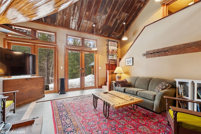588 Ranch Rd, Bigfork, MT 59911 - living area featuring wooden ceiling, french doors, and high vaulted ceiling