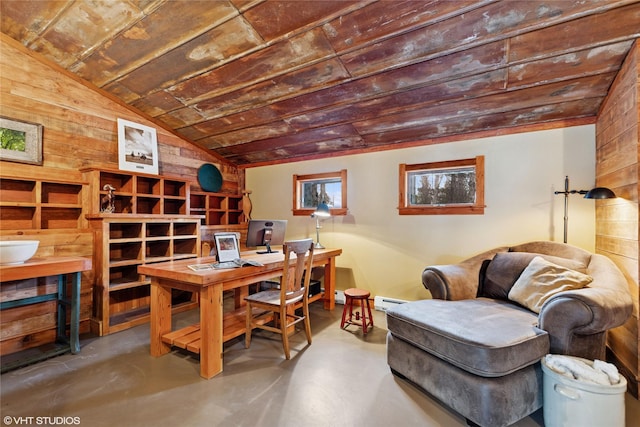 office area featuring wooden ceiling, finished concrete flooring, a baseboard heating unit, and vaulted ceiling