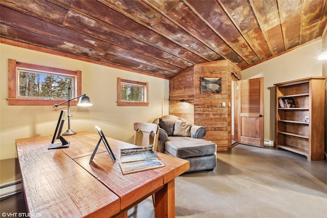 office with baseboard heating, wood ceiling, concrete floors, and vaulted ceiling