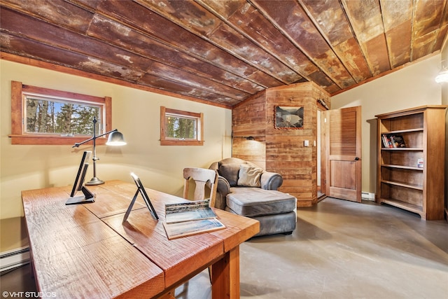 588 Ranch Rd, Bigfork, MT 59911 - office featuring lofted ceiling, finished concrete floors, wooden ceiling, and baseboard heating