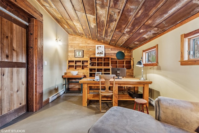 office space with baseboards, lofted ceiling, finished concrete floors, wood ceiling, and a baseboard heating unit