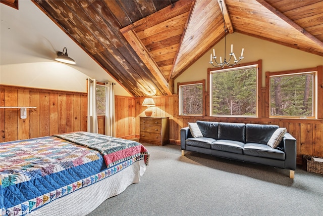 bedroom featuring wood walls, lofted ceiling, carpet flooring, wainscoting, and wooden ceiling