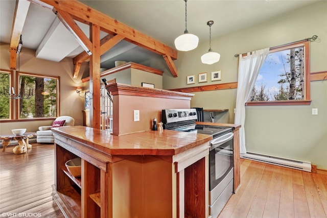 kitchen with light wood-type flooring, baseboard heating, tile counters, and stainless steel range with electric cooktop