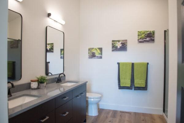 bathroom with a sink, baseboards, wood finished floors, and double vanity