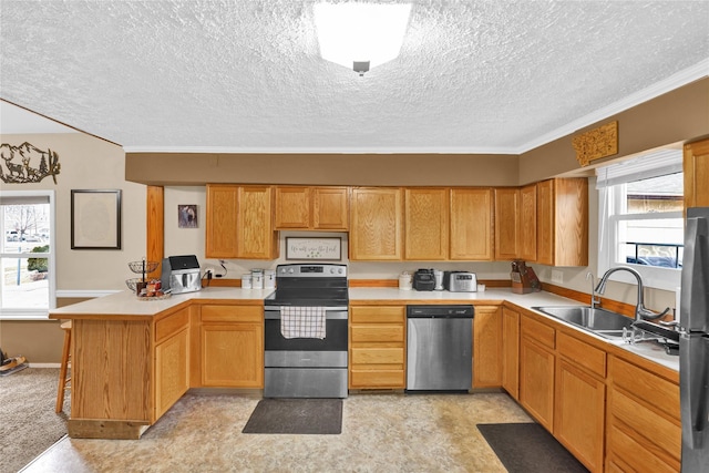 kitchen featuring a sink, stainless steel appliances, a peninsula, and light countertops