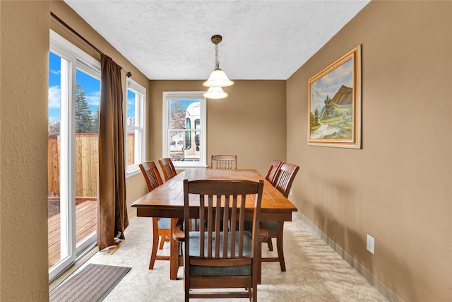 dining room featuring baseboards, light colored carpet, and a textured ceiling