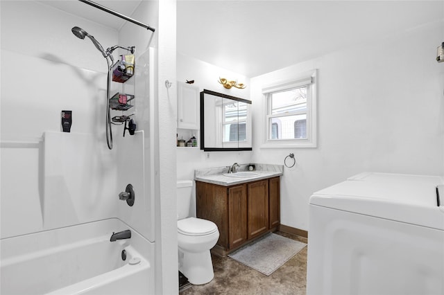 full bathroom featuring vanity, baseboards, washer / clothes dryer, shower / bathing tub combination, and toilet