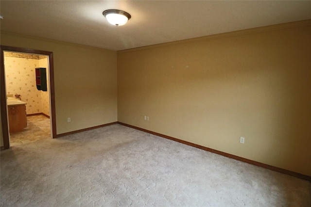 empty room with baseboards, light carpet, and crown molding