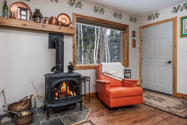 sitting room with a wood stove, baseboards, and wood finished floors