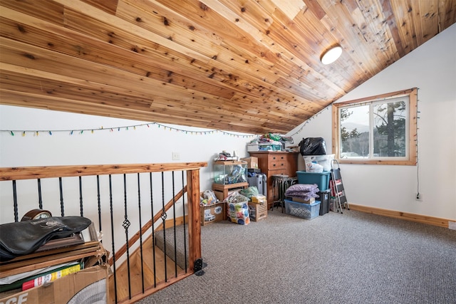 bonus room featuring wood ceiling, carpet, baseboards, and vaulted ceiling