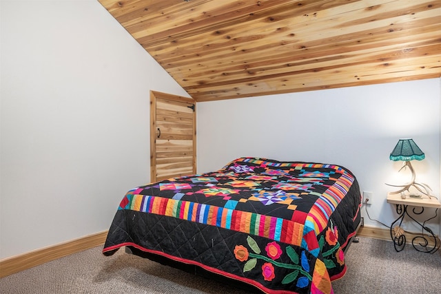 carpeted bedroom with wooden ceiling, baseboards, and vaulted ceiling