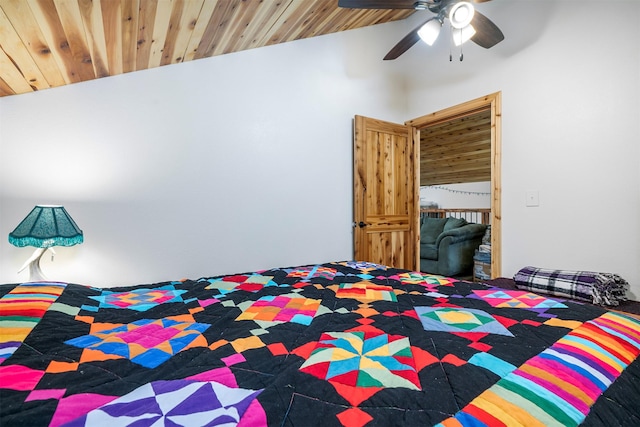 bedroom featuring ceiling fan, wooden ceiling, and vaulted ceiling