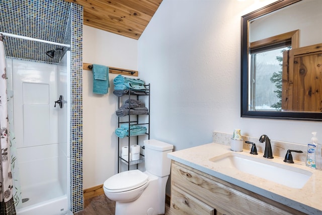 full bath featuring toilet, vaulted ceiling, wooden ceiling, a shower with curtain, and vanity