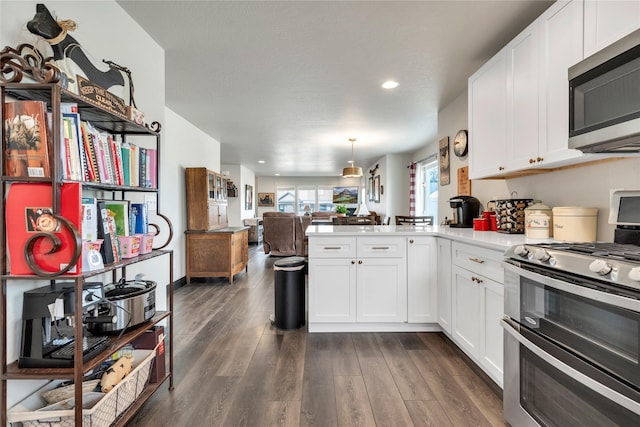 kitchen featuring a peninsula, dark wood-style floors, open floor plan, and stainless steel appliances