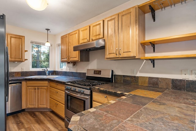 kitchen with under cabinet range hood, stainless steel appliances, open shelves, and a sink