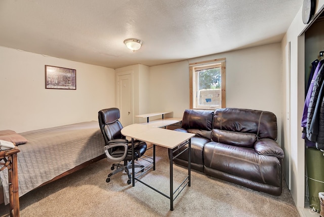 carpeted bedroom with a textured ceiling