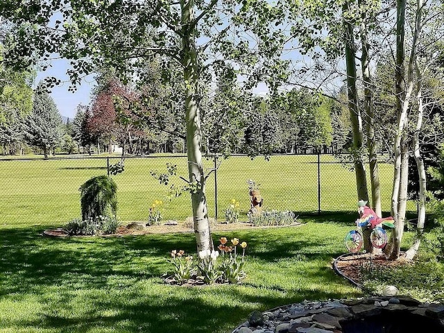 view of property's community with a yard and fence