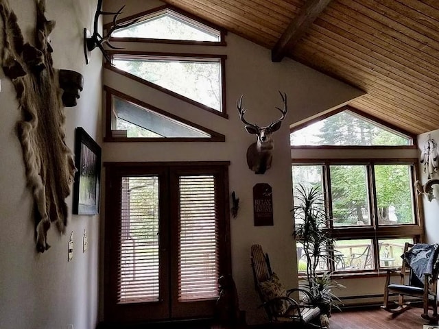 interior space featuring beamed ceiling, wood ceiling, and wood finished floors