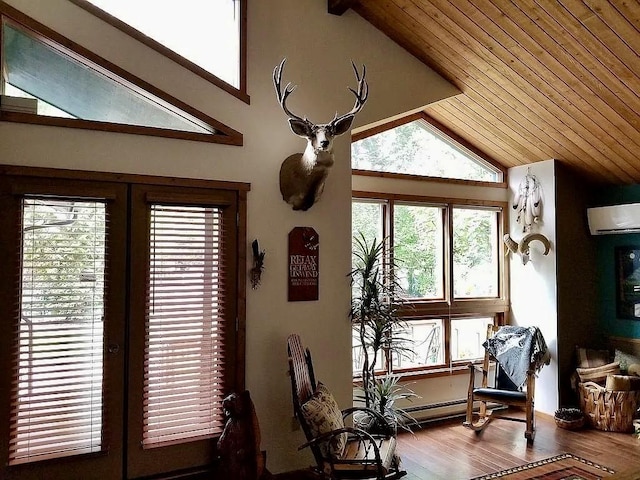 living area featuring vaulted ceiling, an AC wall unit, wood finished floors, and wooden ceiling