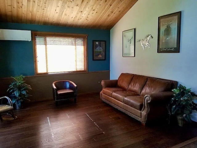 living room with wood ceiling, wood-type flooring, lofted ceiling, and an AC wall unit