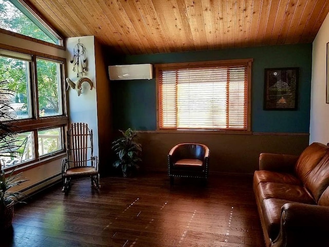 living area with hardwood / wood-style floors, vaulted ceiling, wooden ceiling, and a wall mounted AC