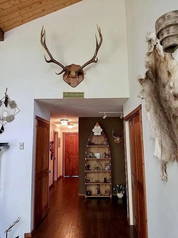 hall with dark wood-style floors and high vaulted ceiling