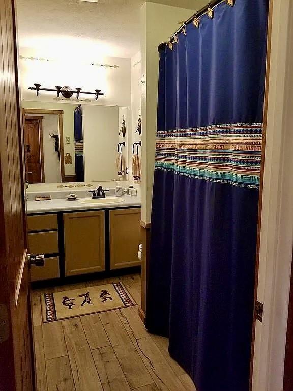 bathroom with vanity and wood finished floors