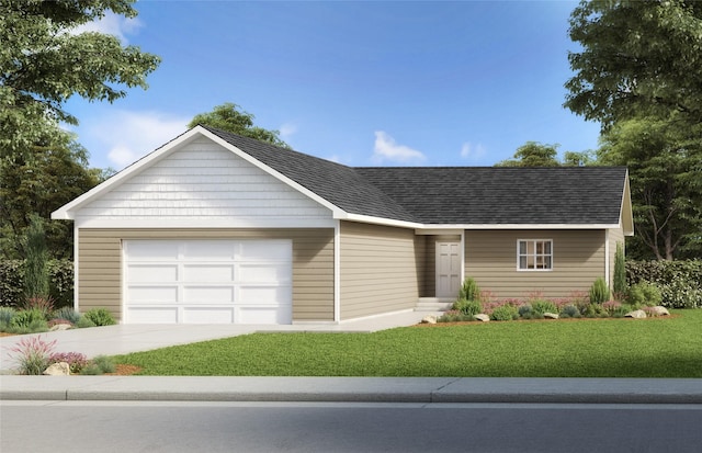 ranch-style home with an attached garage, concrete driveway, a front lawn, and a shingled roof