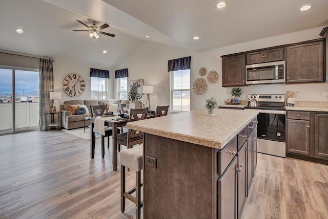 kitchen with dark brown cabinetry, light wood-style flooring, appliances with stainless steel finishes, and a center island