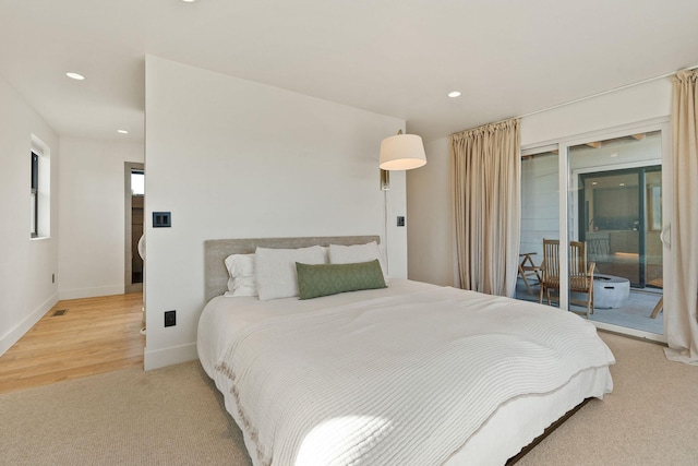 bedroom with carpet, baseboards, visible vents, recessed lighting, and access to exterior