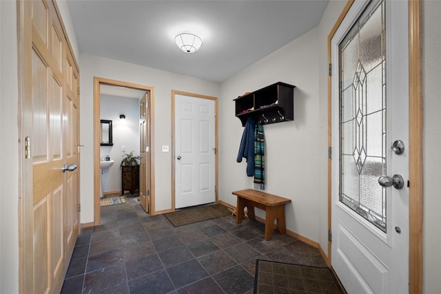 foyer with a wealth of natural light, stone finish floor, and baseboards