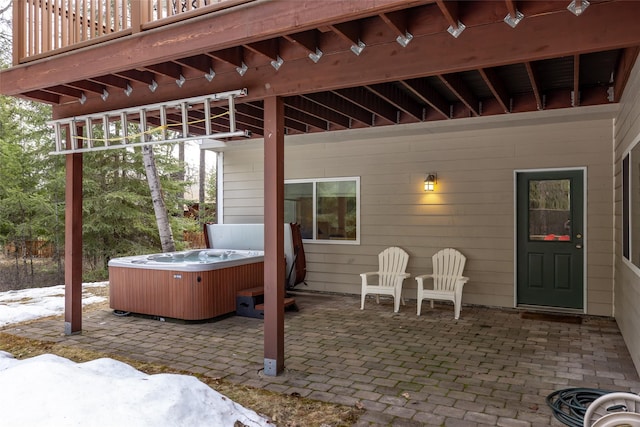 view of patio featuring a hot tub