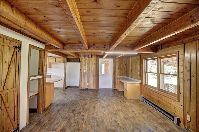 kitchen featuring beam ceiling, wooden walls, wooden ceiling, baseboard heating, and dark wood-style flooring