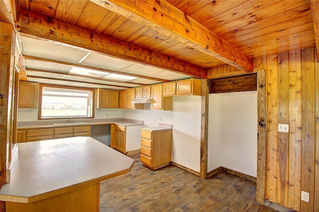 kitchen featuring wood finished floors, baseboards, a sink, wooden ceiling, and beamed ceiling