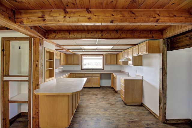 kitchen featuring dark wood finished floors, beamed ceiling, wood ceiling, and under cabinet range hood