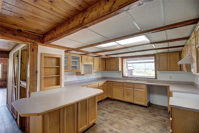 kitchen with wood finished floors, a peninsula, a sink, light countertops, and under cabinet range hood